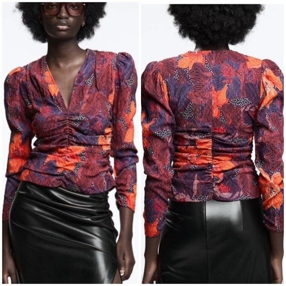 Zara Floral Chic Structured Shoulder Cinched Long Sleeve Blouse Top - Picture 1 of 11